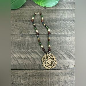 Vintage Gold Pendant Necklace with Multicolor Beads